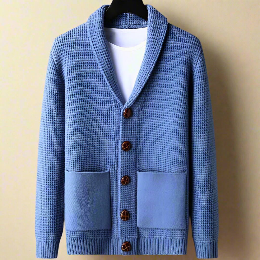 Men's Wool Cardigan with Volcanic Stone-Style Buttons and Pockets