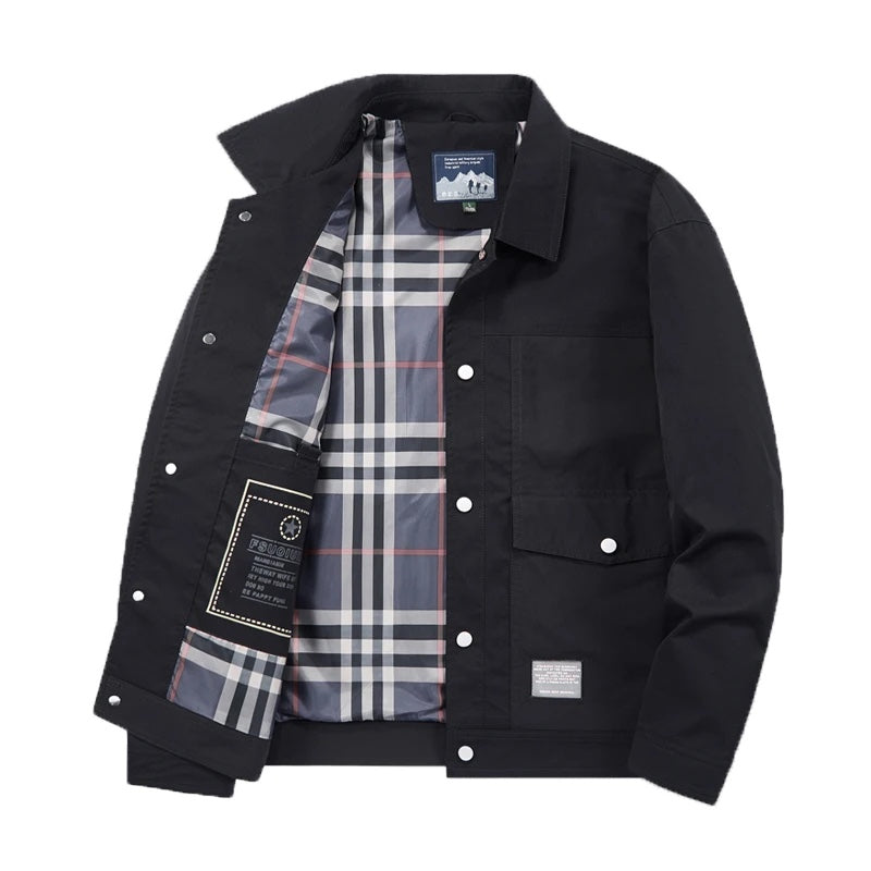 Men's Water-Resistant Field Jacket with Utility Pockets and Plaid Lining