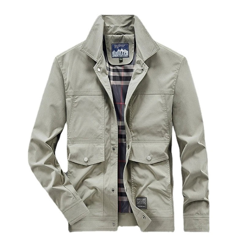 Men's Water-Resistant Field Jacket with Utility Pockets and Plaid Lining