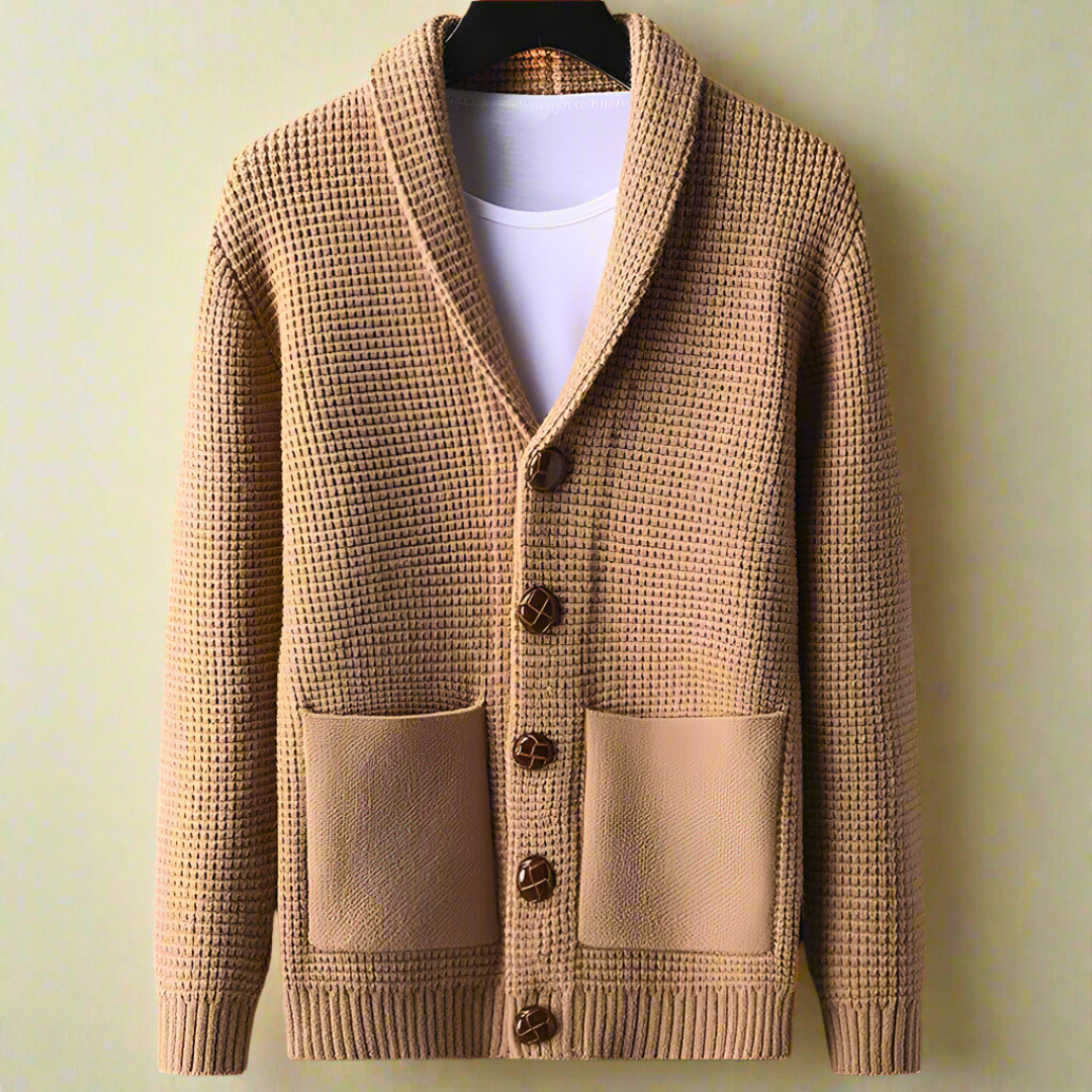 Men's Wool Cardigan with Volcanic Stone-Style Buttons and Pockets