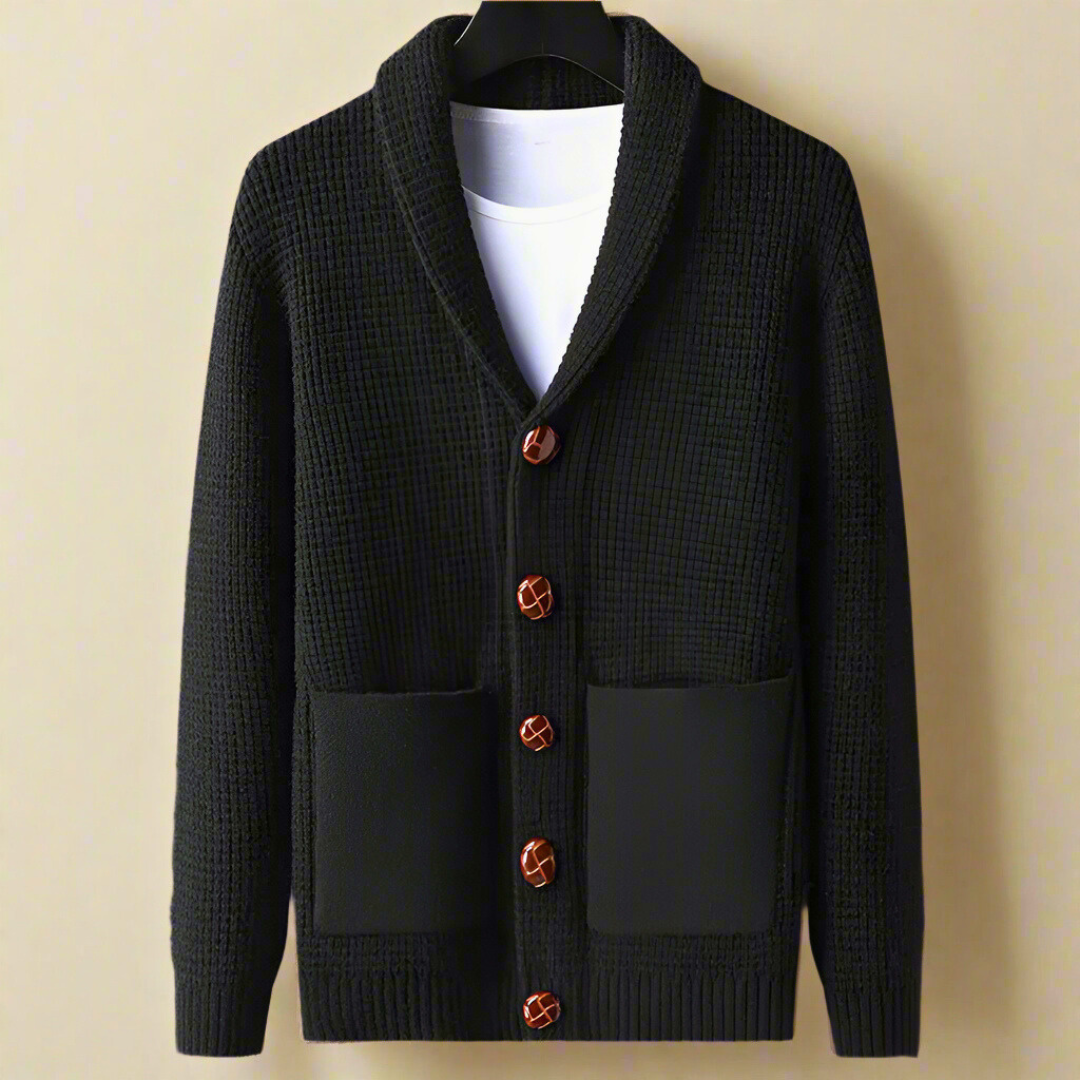 Men's Wool Cardigan with Volcanic Stone-Style Buttons and Pockets