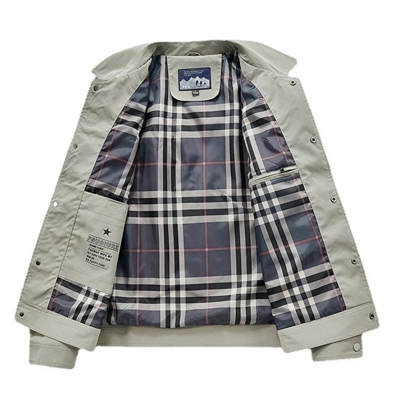 Men's Water-Resistant Field Jacket with Utility Pockets and Plaid Lining
