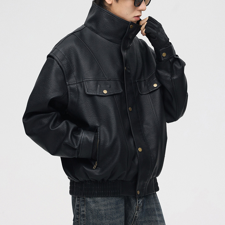 Men's Continental Bomber Jacket with Stand-Up Collar and Zippered Pockets
