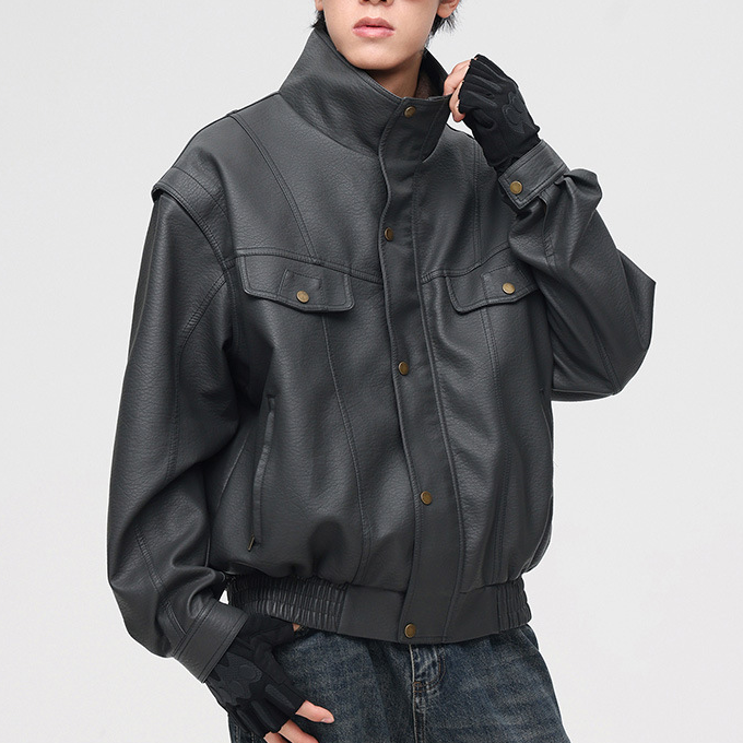 Men's Continental Bomber Jacket with Stand-Up Collar and Zippered Pockets