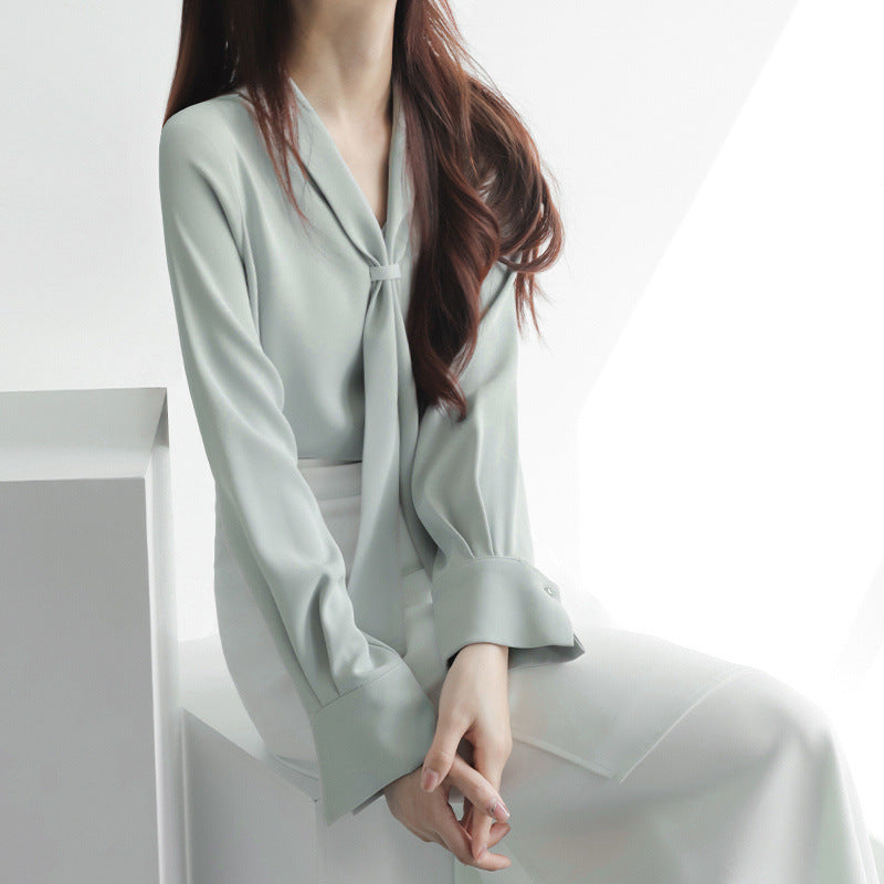 Women's Chiffon Blouse with Knotted Neckline - Lightweight and Elegant Design