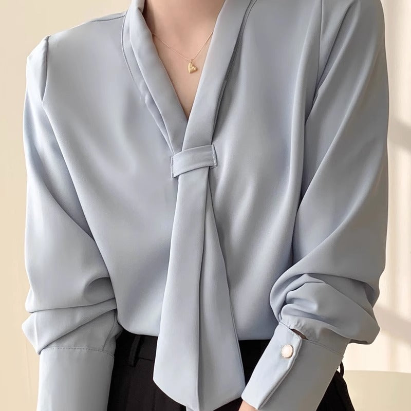 Women's Chiffon Blouse with Knotted Neckline - Lightweight and Elegant Design