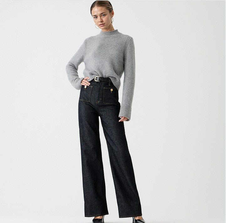 High-Rise Wide-Leg Denim Jeans with Brass Button Pockets - Light Wash