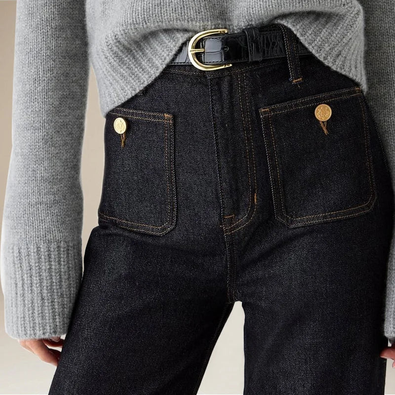 High-Rise Wide-Leg Denim Jeans with Brass Button Pockets - Light Wash