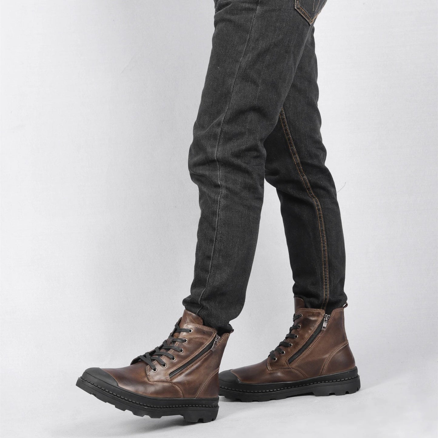 Men's Premium Leather Boots with Side Zip, Fleece Lining, and Durable Lug Sole