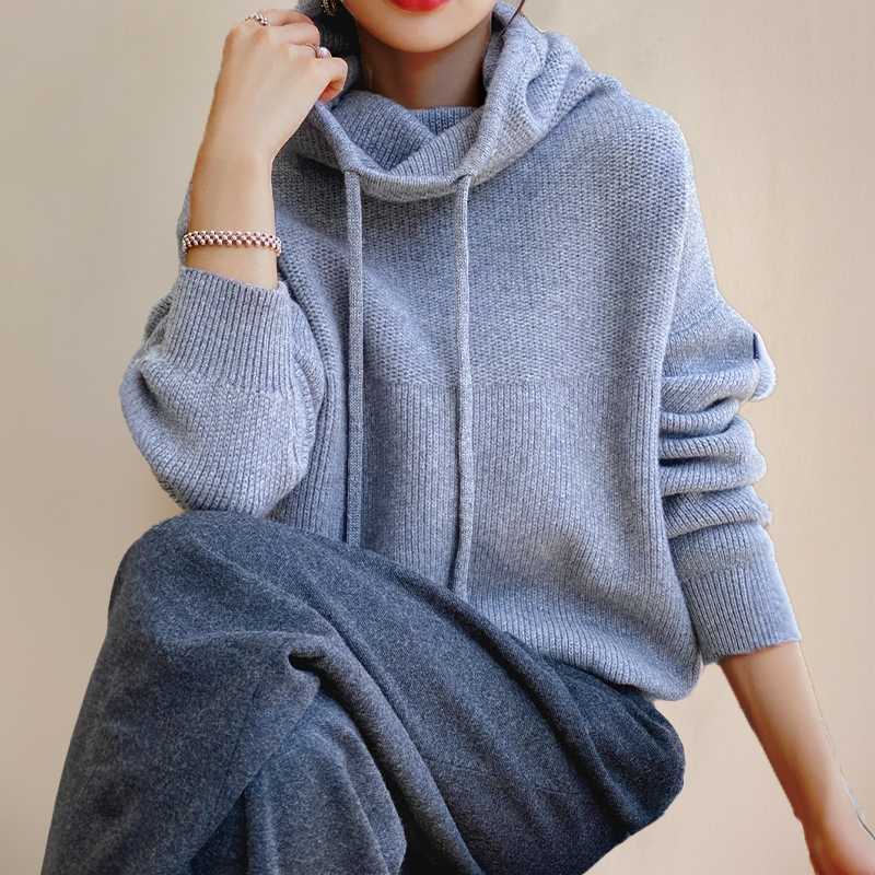 Amelie Merino Wool Turtleneck Hoodie with Ribbed Cuffs for Cozy Comfort