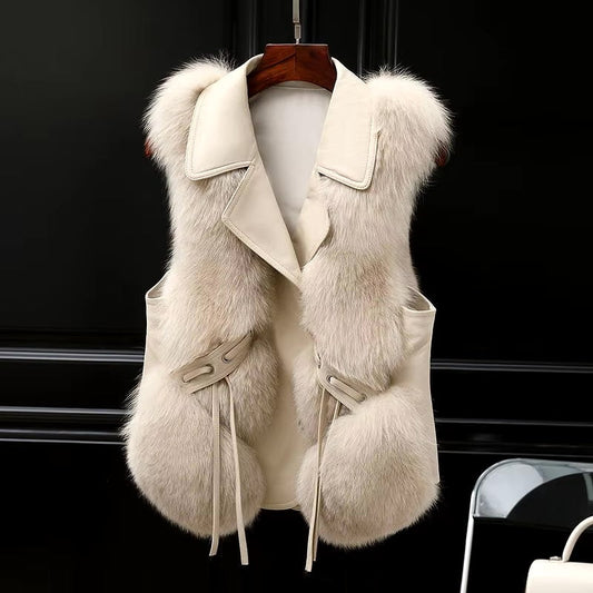 Ivory Faux Fur Vest with Leather Trim and Adjustable Side Ties - Milano Collection