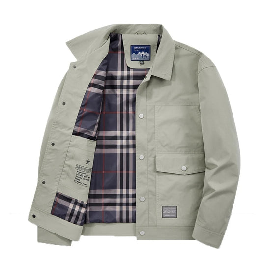 Men's Water-Resistant Field Jacket with Utility Pockets and Plaid Lining