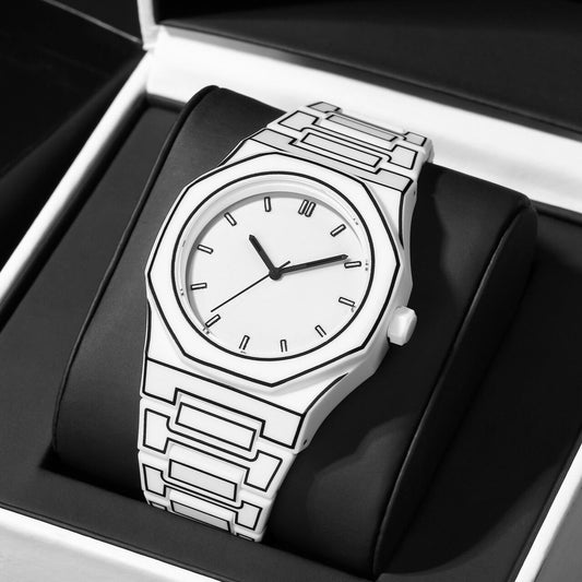 Octagonal 2D Sketch Watch with Minimalist Dial and Geometric Markers