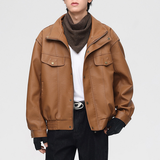 Men's Continental Bomber Jacket with Stand-Up Collar and Zippered Pockets