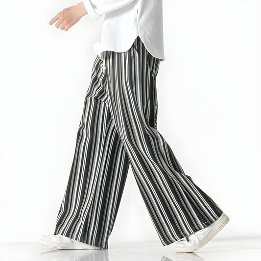 Bruno Wide-Leg Palazzo Pants with Drawstring Waist, Cotton Striped Design
