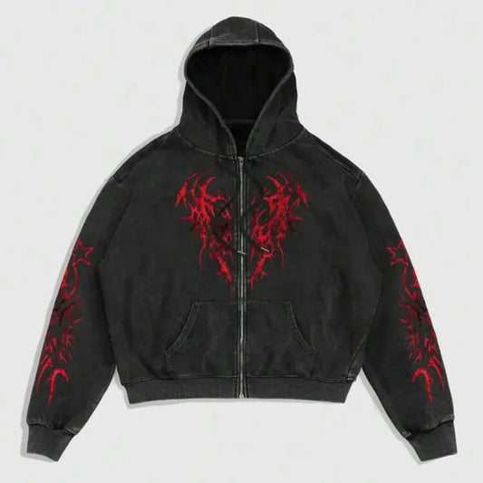 Stone-Washed Zip Hoodie with Tribal Heart Design, Vintage Cotton, Crimson Embroidery