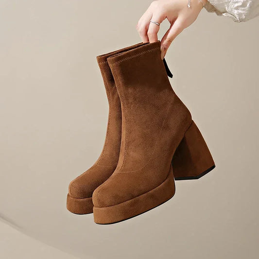Caramel Suede Platform Boots with Block Heel and Back Zip Closure