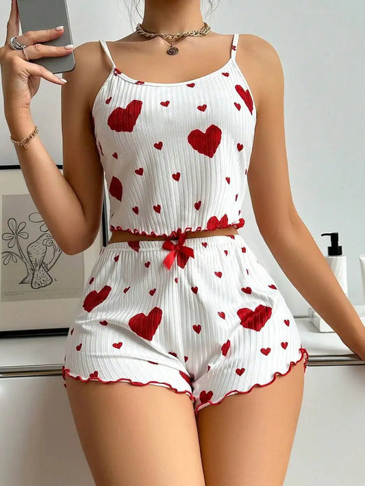 Women's Two-Piece Lounge Set with Heart Print, Ribbed Fabric, and Adjustable Straps