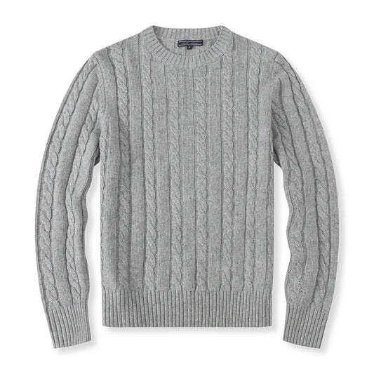 Cable Knit Crew Neck Sweater with Ribbed Trim - Available in Heather Grey, Navy, and Cream
