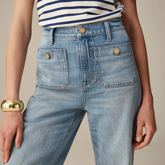 High-Rise Wide-Leg Denim Jeans with Brass Button Pockets - Light Wash