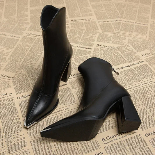 Women's Vegan Leather Boots with Metal-Tipped Toe and Block Heel