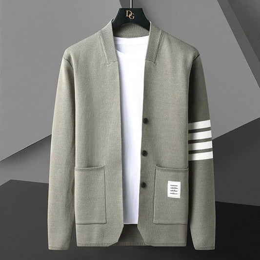 Men's Structured Knit Cardigan with Striped Sleeves and Patch Pockets