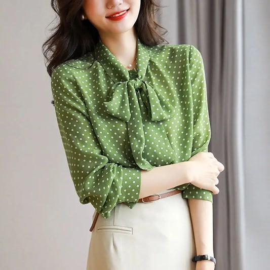 Women's Polka Dot Blouse with Bow Collar and Blouson Sleeves - Sage Green/Burgundy