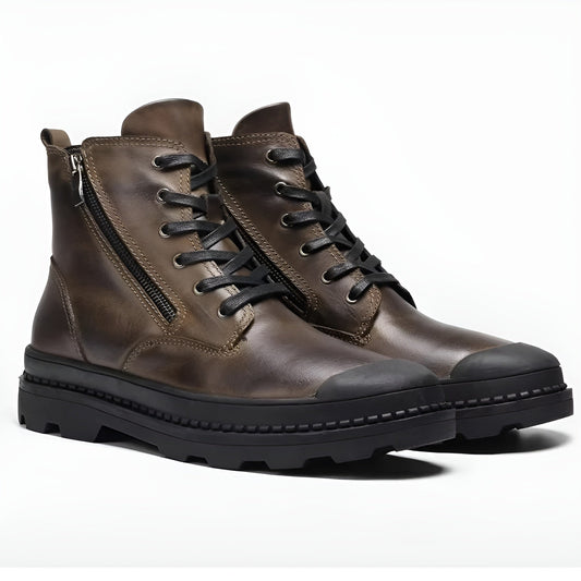 Men's Premium Leather Boots with Side Zip, Fleece Lining, and Durable Lug Sole