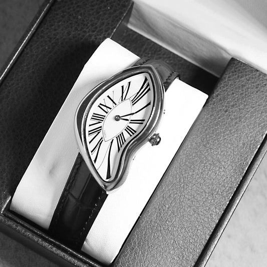 Curved Case Timepiece with Roman Numerals and Leather Strap