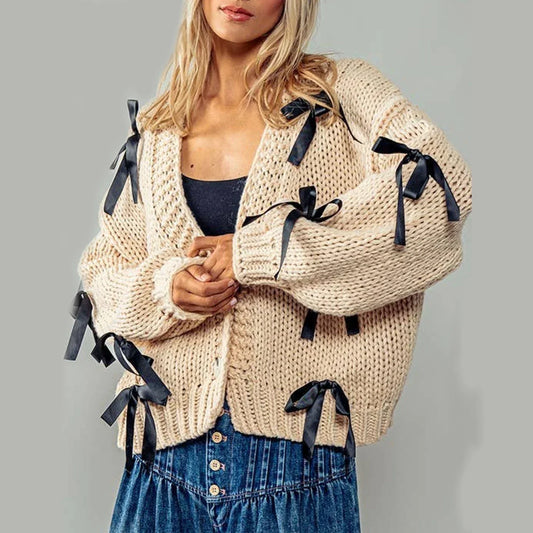 Cream Chunky Knit Cardigan with Black Satin Bows, Oversized Design, Deep V-Neck