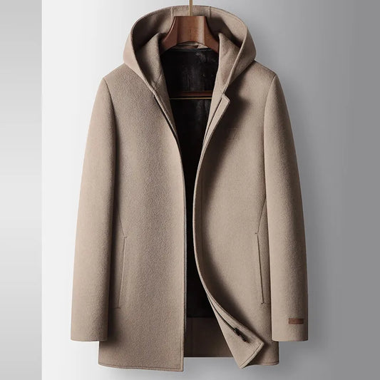 Taupe Wool Coat with Hood - Scandinavian Design, Italian Craftsmanship, Leather-Trimmed Pockets, Warm Lining